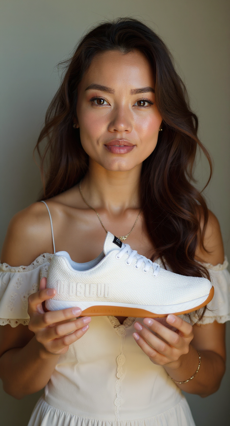 the woman is holding the shoe in her hands like an influencer giving a product review