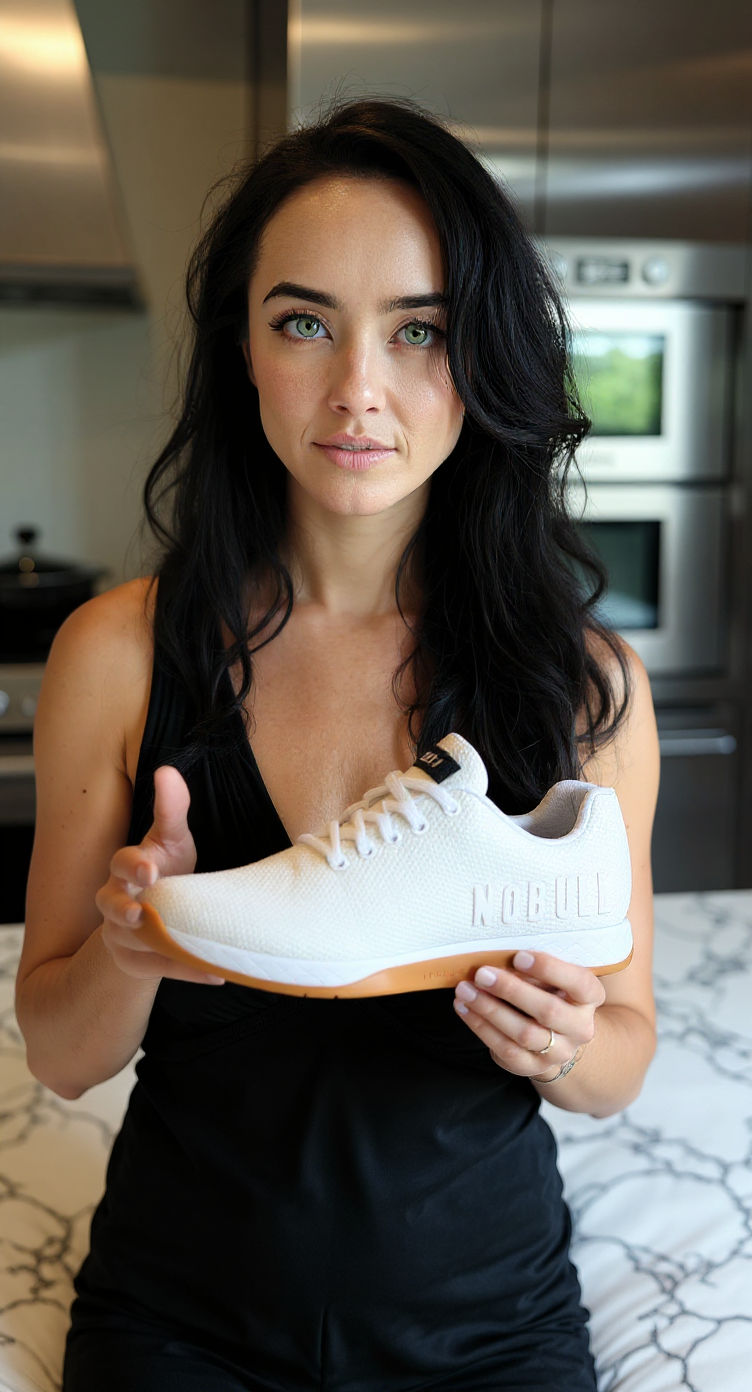 she is holding the shoe like an influencer giving a product review