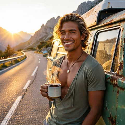 Roadside van, mountain pass