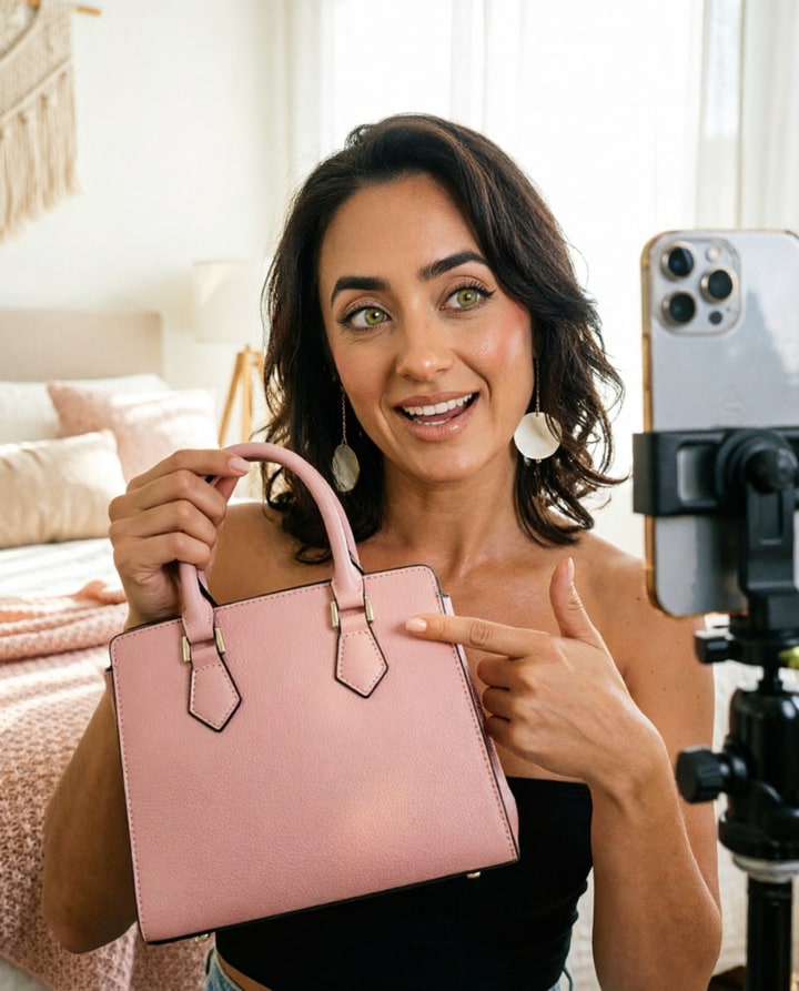 AI-generated product review frame of a host presenting a pink handbag to camera
