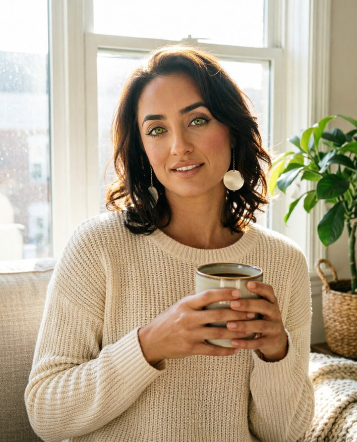 AI-generated casual lifestyle social media photo of a creator character by a window