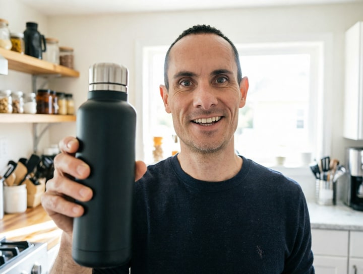 AI-generated creator endorsement frame of a man holding a black water bottle in a kitchen