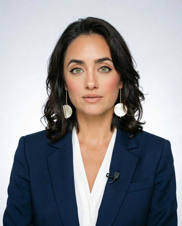 AI-generated clean spokesperson presenter frame of a saved character
