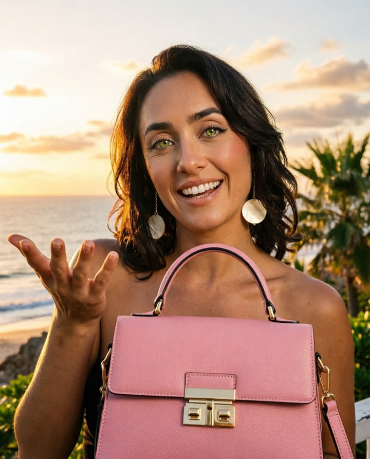 AI-generated dynamic ecommerce ad of a presenter gesturing toward a pink handbag