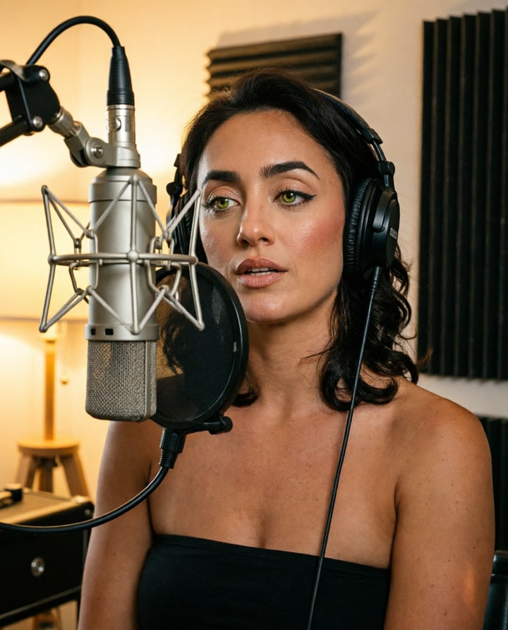 AI-generated image of a creator character recording a voiceover into a studio microphone