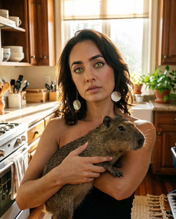 AI-generated wide establishing storyboard shot of a character entering a kitchen