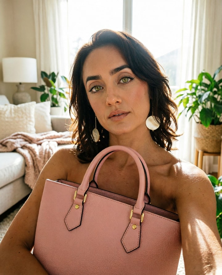 AI-generated casual phone-selfie UGC ad of a creator holding a pink handbag at home