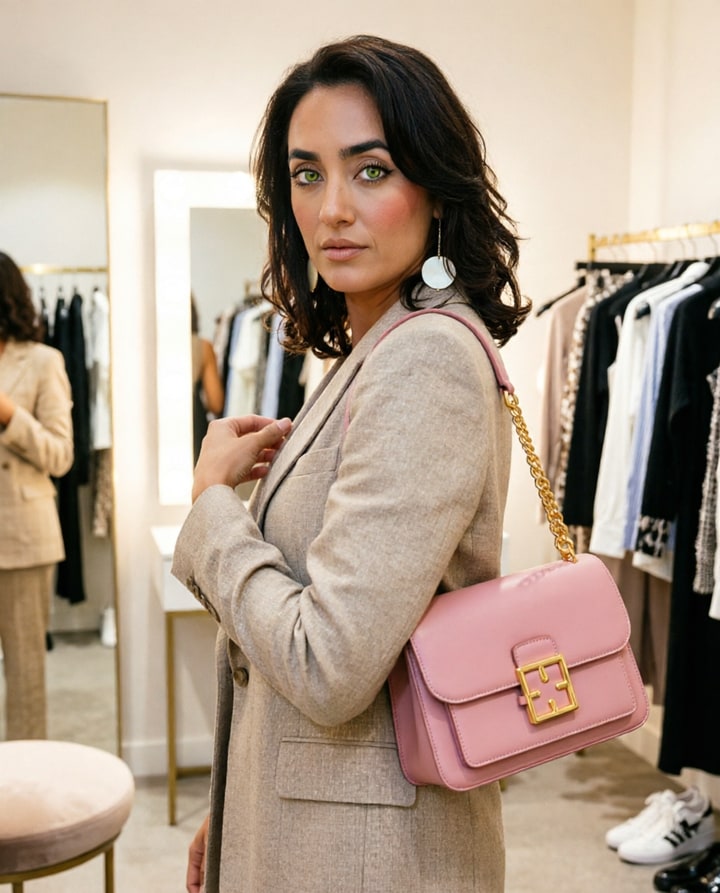 AI-generated virtual try-on of a model styled with a pink handbag over the shoulder