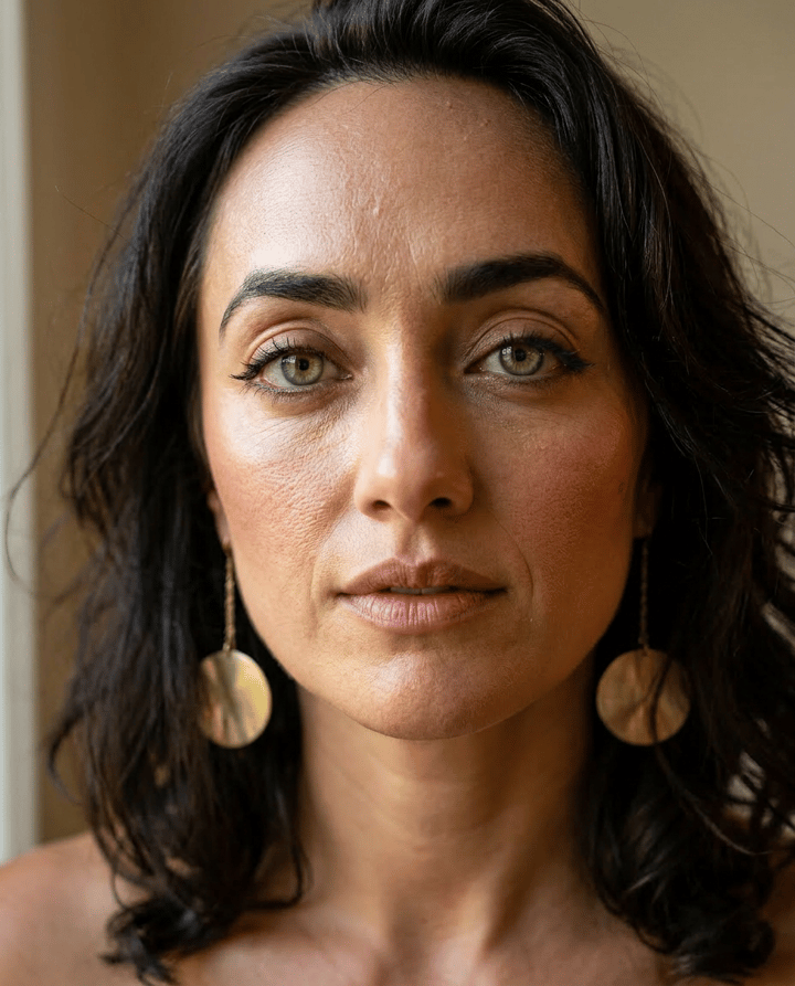 Photorealistic close-up AI portrait with visible skin texture and freckles