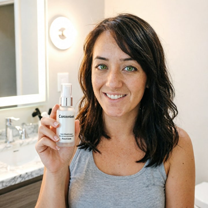 AI-generated affiliate review frame of a creator recommending a skincare serum