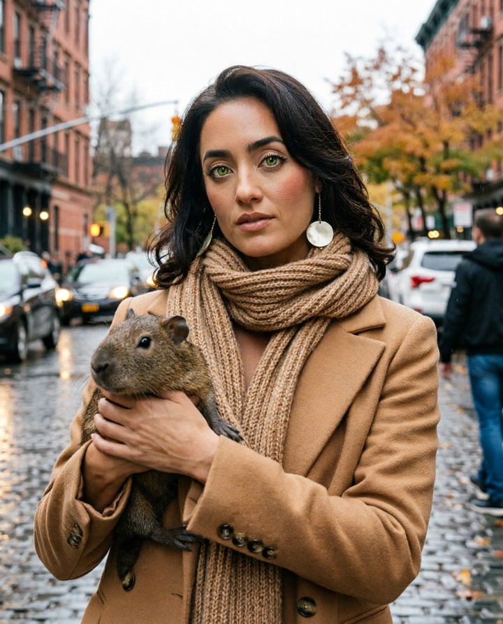 AI-generated outfit change of a character in a camel winter coat on an autumn street