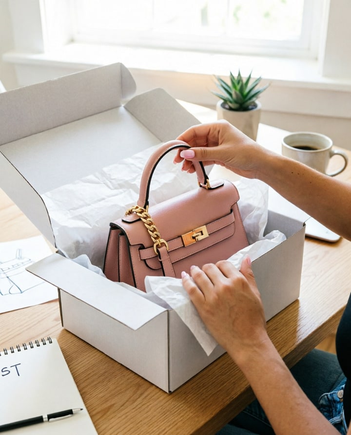 AI-generated overhead unboxing frame of hands lifting a pink handbag from a shipping box