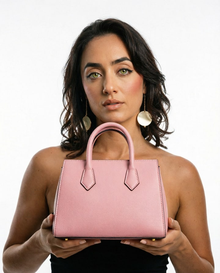 AI-generated editorial product ad of a character presenting a pink designer handbag