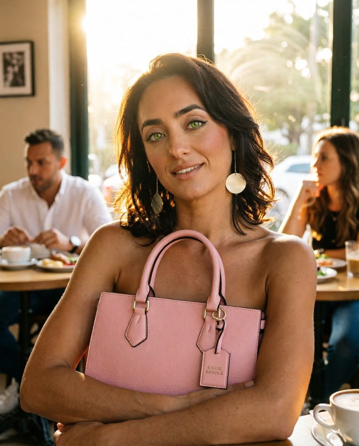 AI-generated brand ambassador frame of a recurring character holding a pink handbag in a cafe