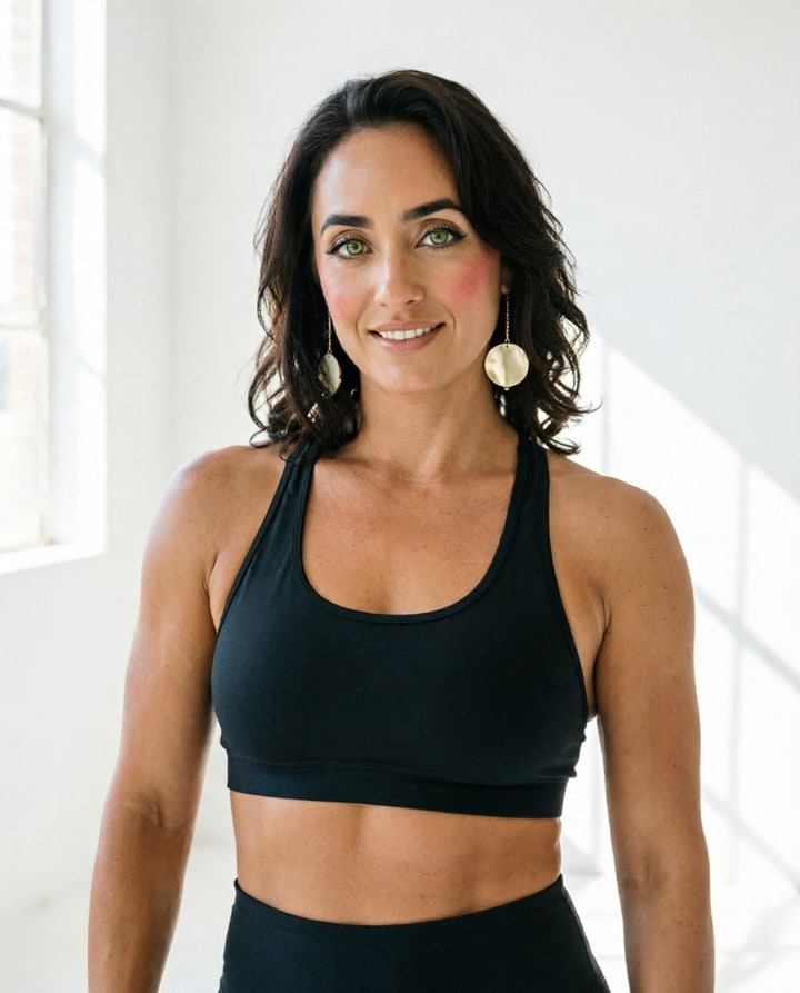 AI-generated editorial portrait of a consistent virtual influencer character in activewear