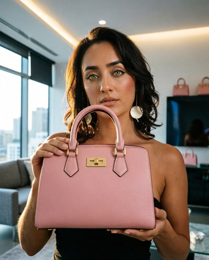 AI-generated cinematic commercial frame of a spokesperson presenting a pink handbag in a modern interior
