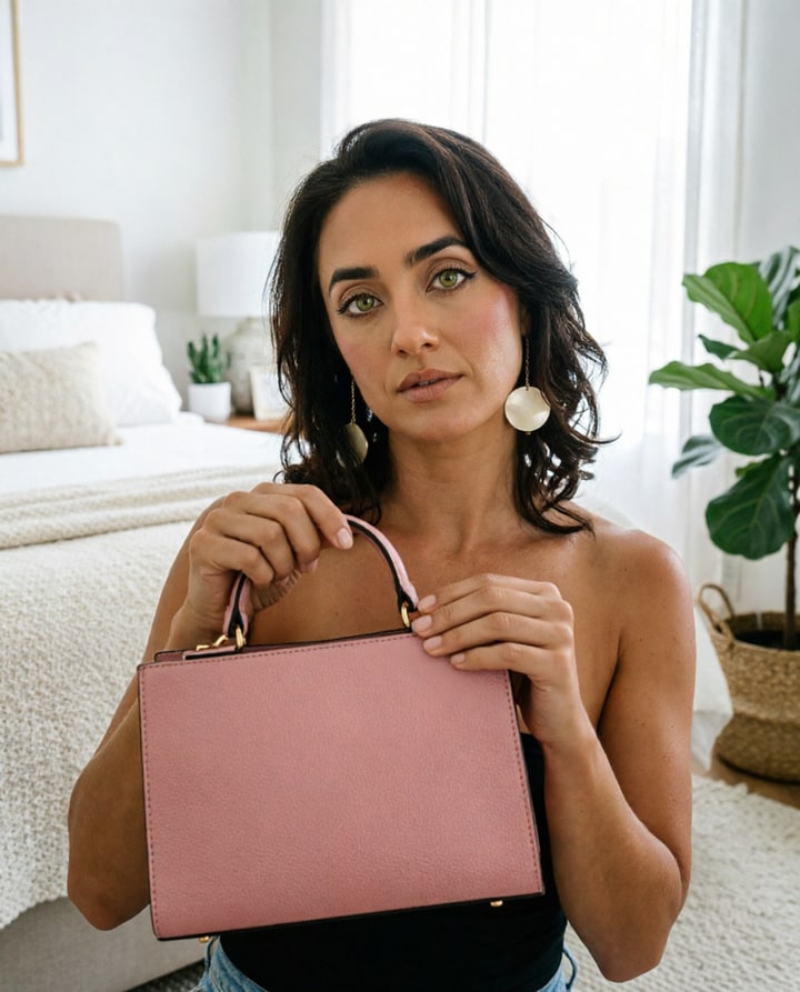 AI-generated native-feeling sponsored social post of a creator with a pink handbag