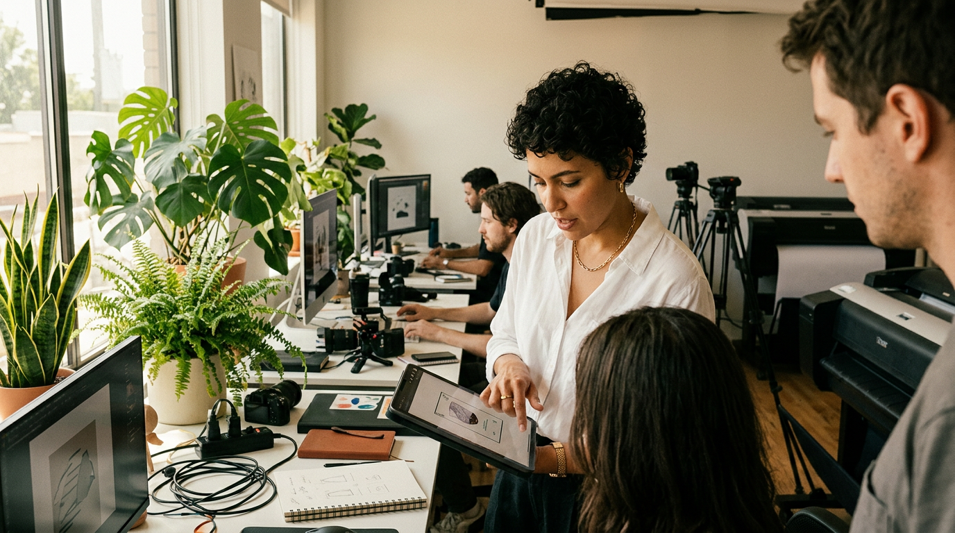 Behind the Scenes example 1: a creative director reviewing designs on a tablet in a sunlit modern studio with plants