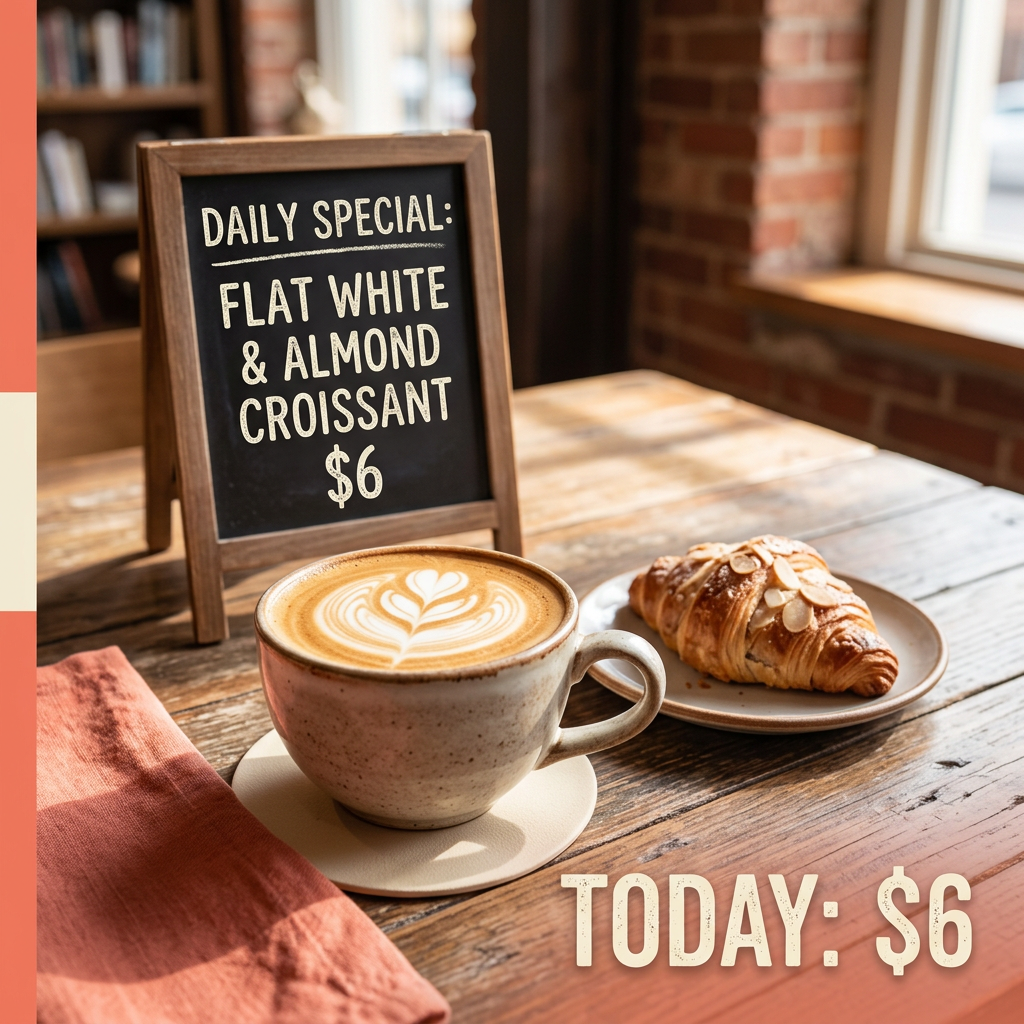 Cafe Daily Special example 1: a beautifully styled cafe daily special graphic featuring a flat-white latte with artistic foam, warm natural light, 'TODAY: $6' overlay