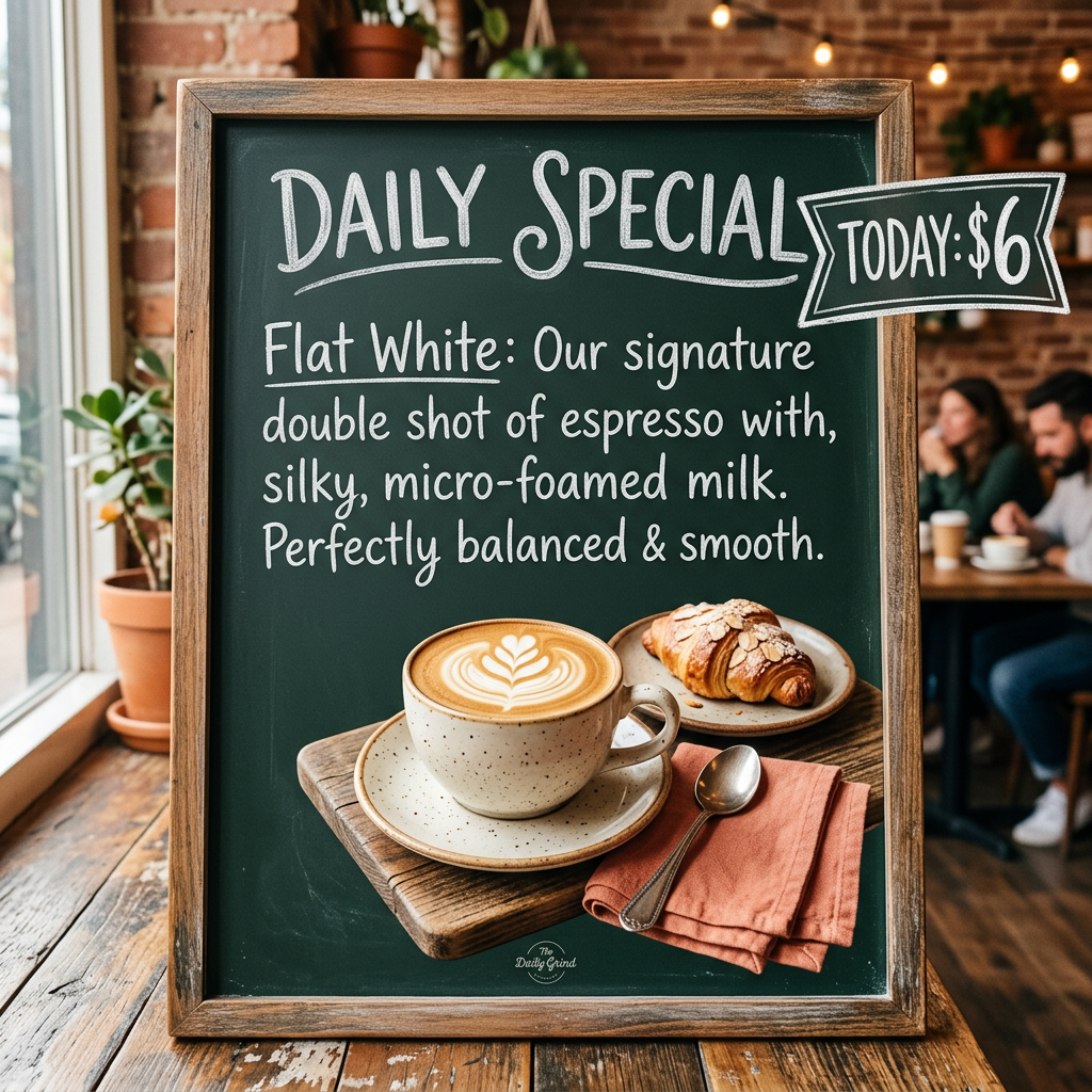 Cafe Daily Special example 2: a beautifully styled cafe daily special graphic featuring a flat-white latte with artistic foam, warm natural light, 'TODAY: $6' overlay