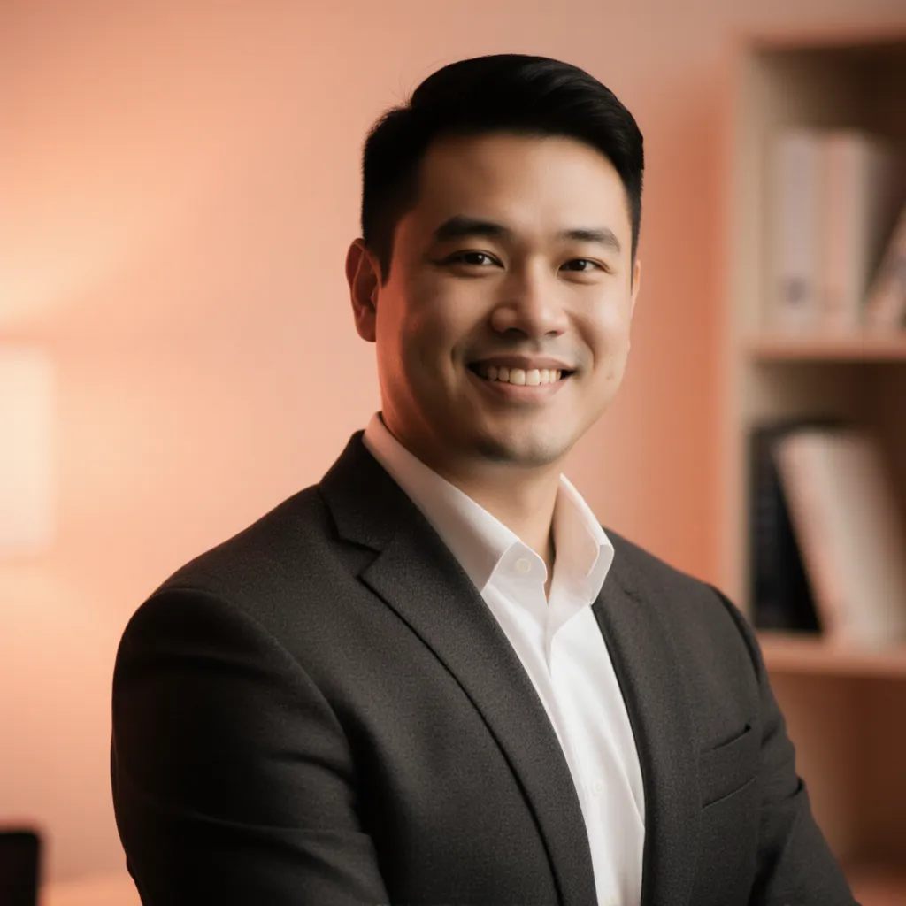 CEO/Founder Portrait example 1: a confident 35-year-old tech founder in a charcoal blazer, warm office lighting, bookshelves blurred in background