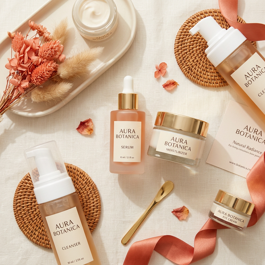 Flat Lay example 1: luxury skincare bottles and jars arranged aesthetically on a cream linen surface