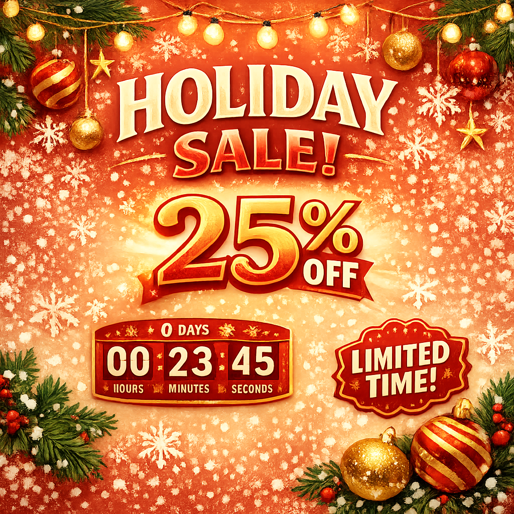 Holiday Sale example 2: a festive winter holiday sale graphic with warm red-and-gold palette, soft snowflakes, prominent '25% OFF' and 'LIMITED TIME' badges
