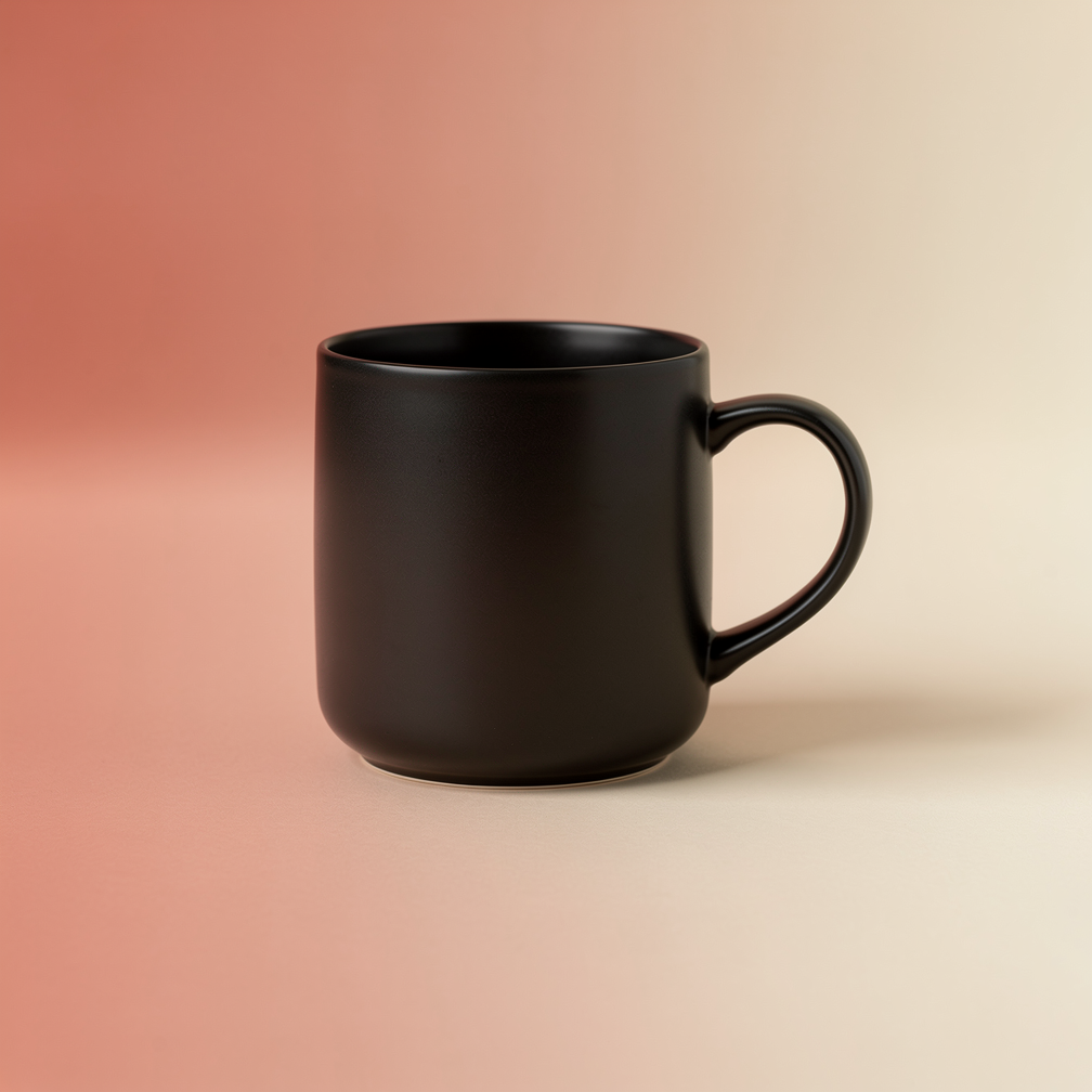 Product Hero Shot example 1: a minimalist ceramic coffee mug in matte black on a soft beige backdrop