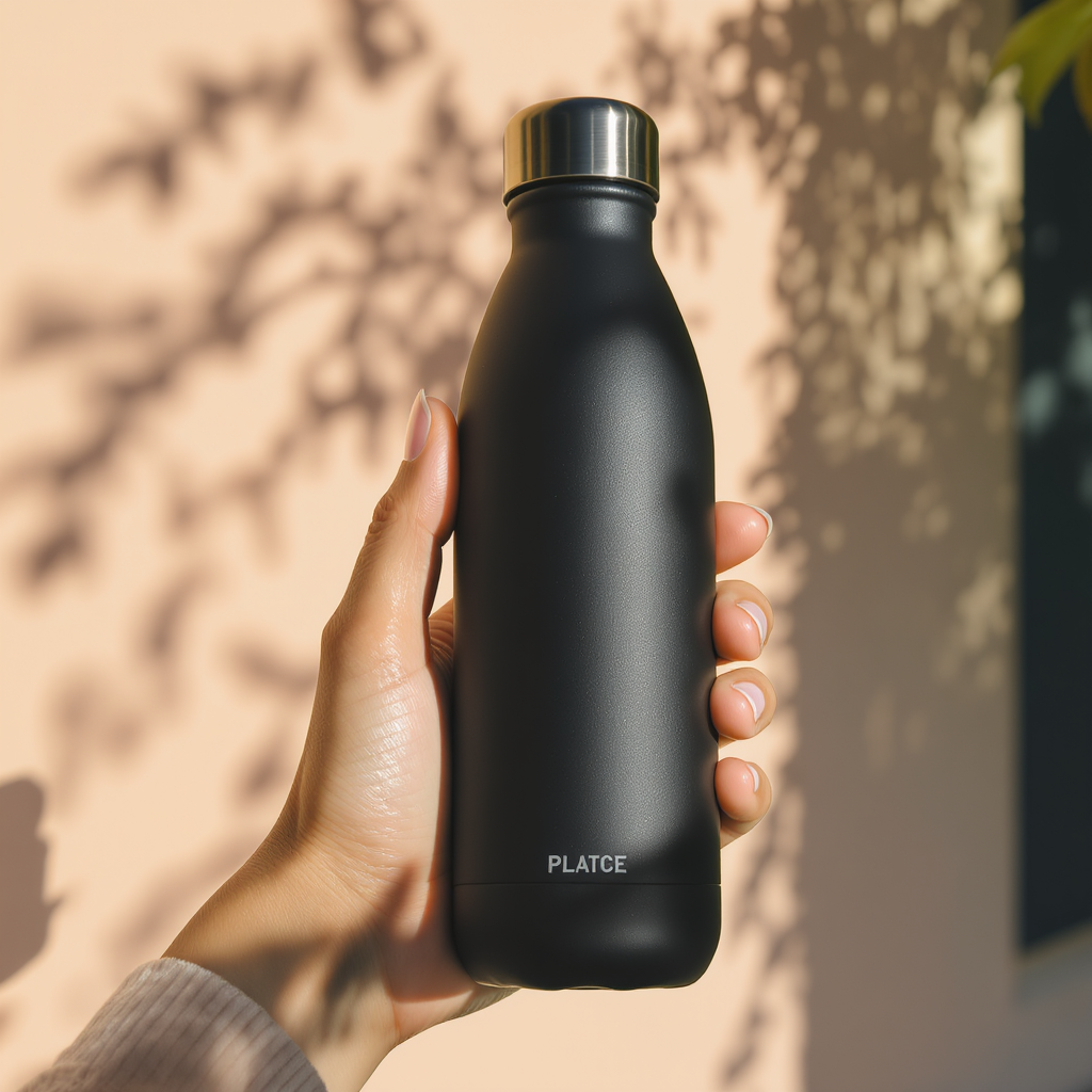 Product in Hand example 1: a matte black water bottle held by a hand in natural afternoon light