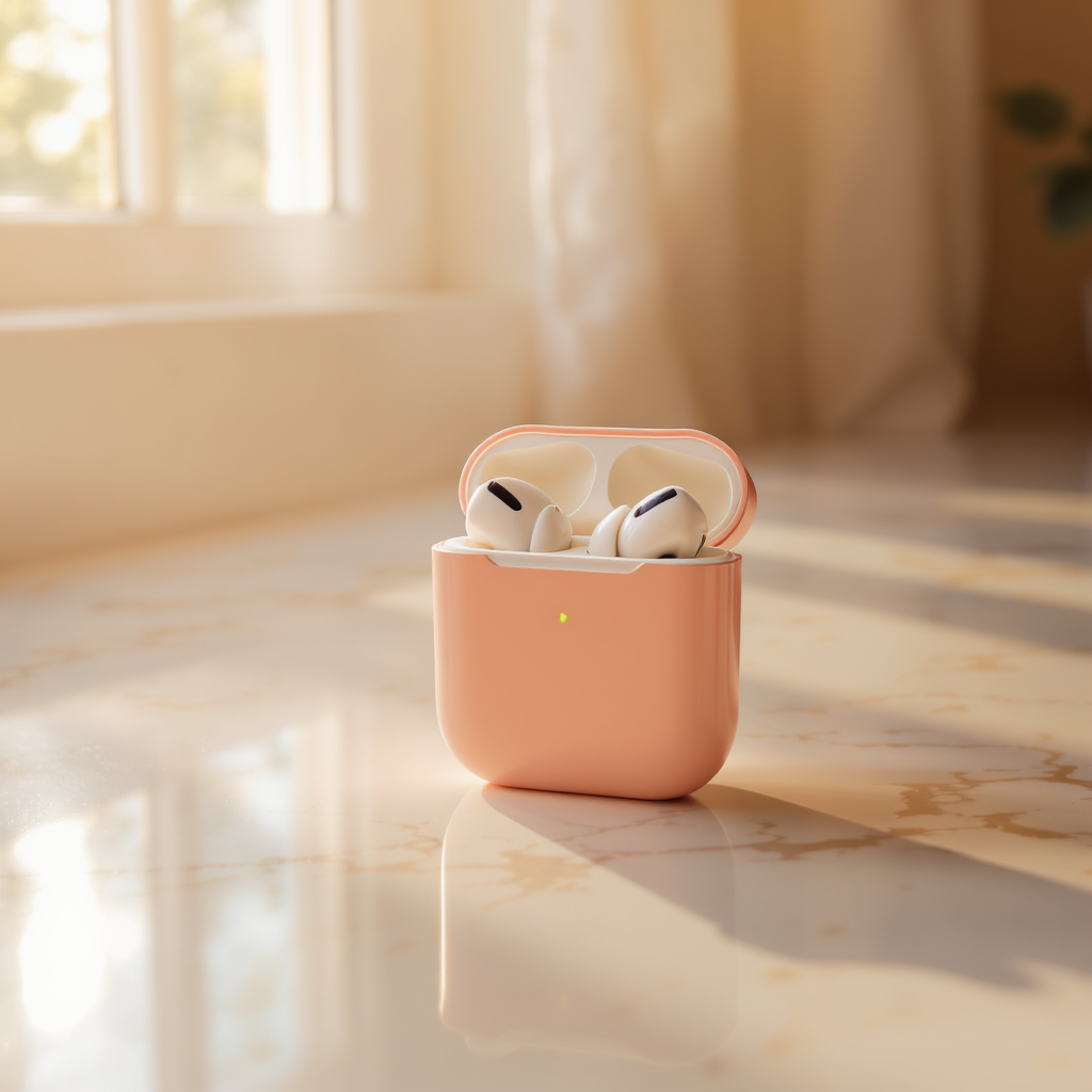 Product Lifestyle example 1: premium wireless earbuds on a marble countertop with morning light through a window