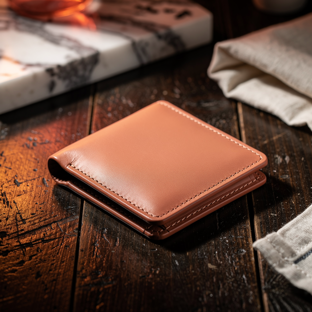 Product on Texture example 1: a handcrafted leather wallet on a rustic dark wood surface, cinematic lighting