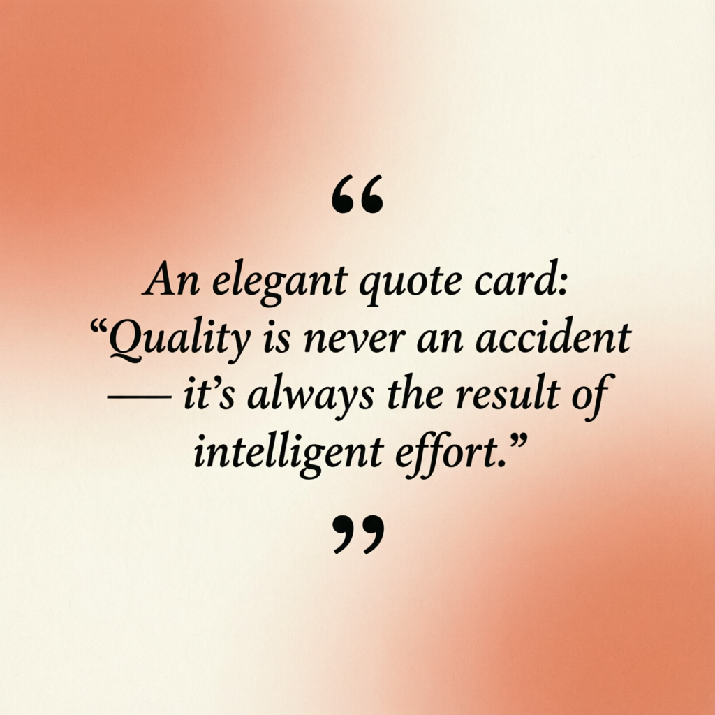 Quote Card example 1: An elegant quote card: "Quality is never an accident — it's always the result of intelligent effort."