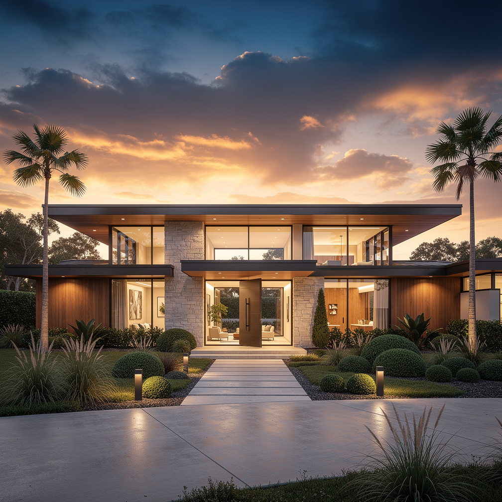 Real Estate Hero example 1: a midcentury modern home at golden hour, twilight sky, architectural photography