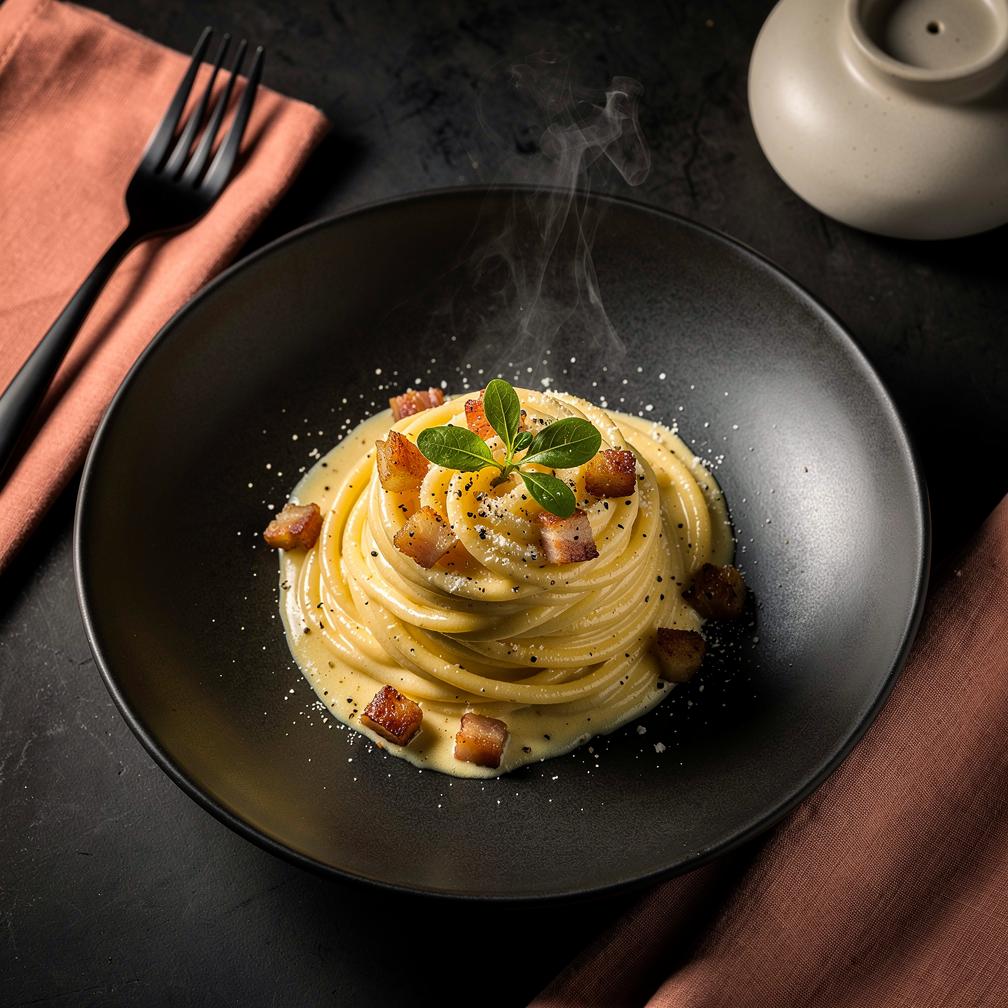 Restaurant Dish Showcase example 1: a beautifully plated carbonara pasta on a matte black ceramic dish, overhead shot, food photography
