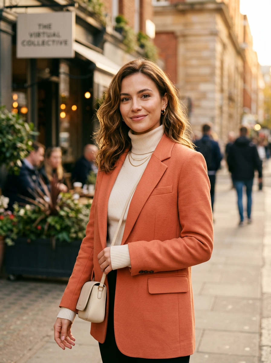 Virtual Influencer Portrait example 1: a young woman with warm brown hair, gentle smile, minimalist cream turtleneck, soft studio light