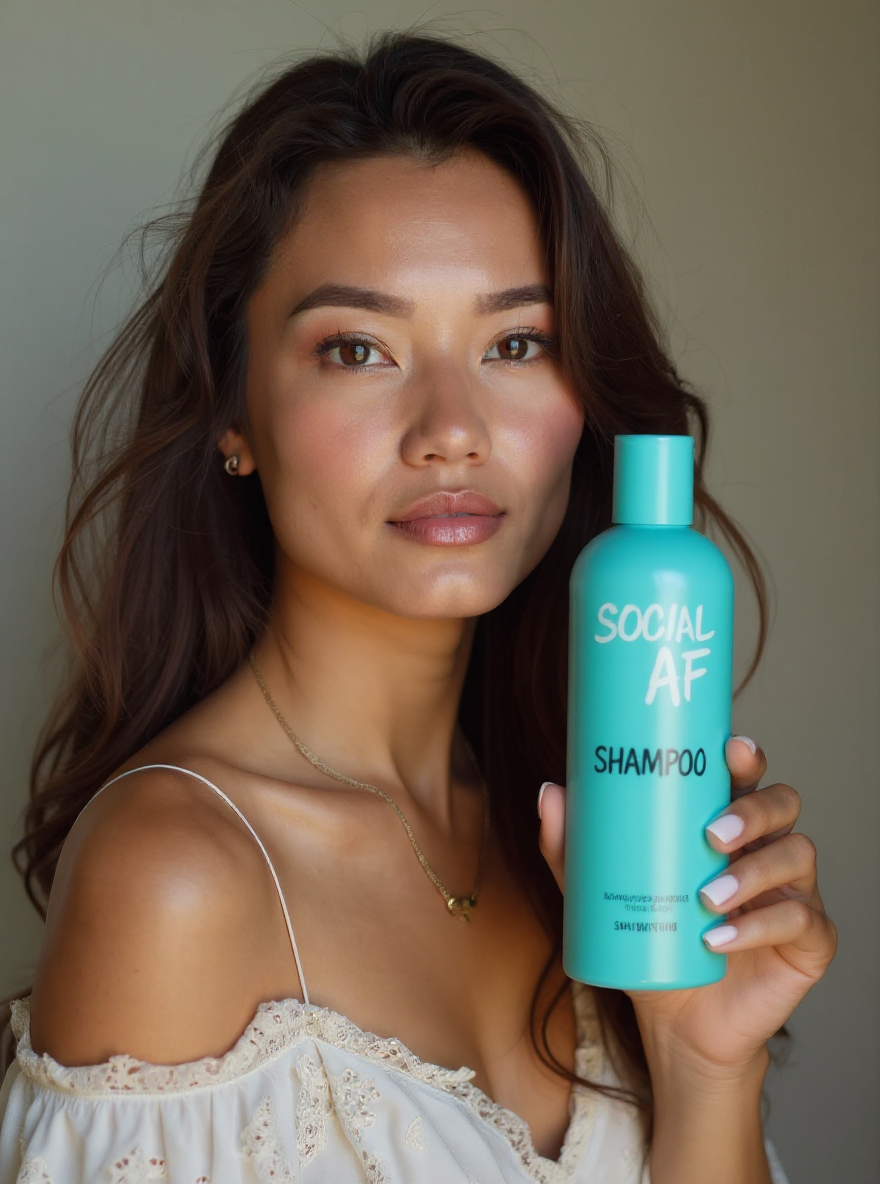 holding a blue shampoo bottle that has SOCIAL AF on it
