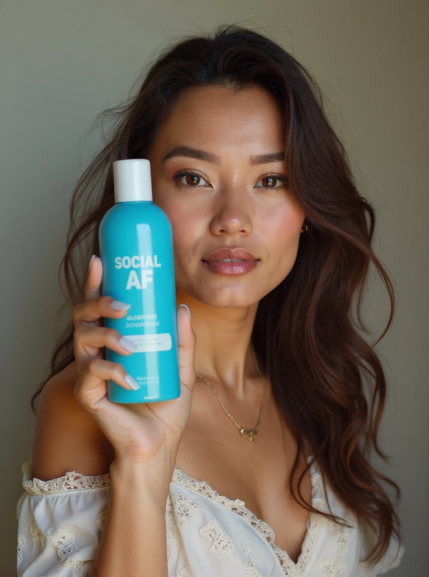 holding a blue shampoo bottle that has SOCIAL AF on it