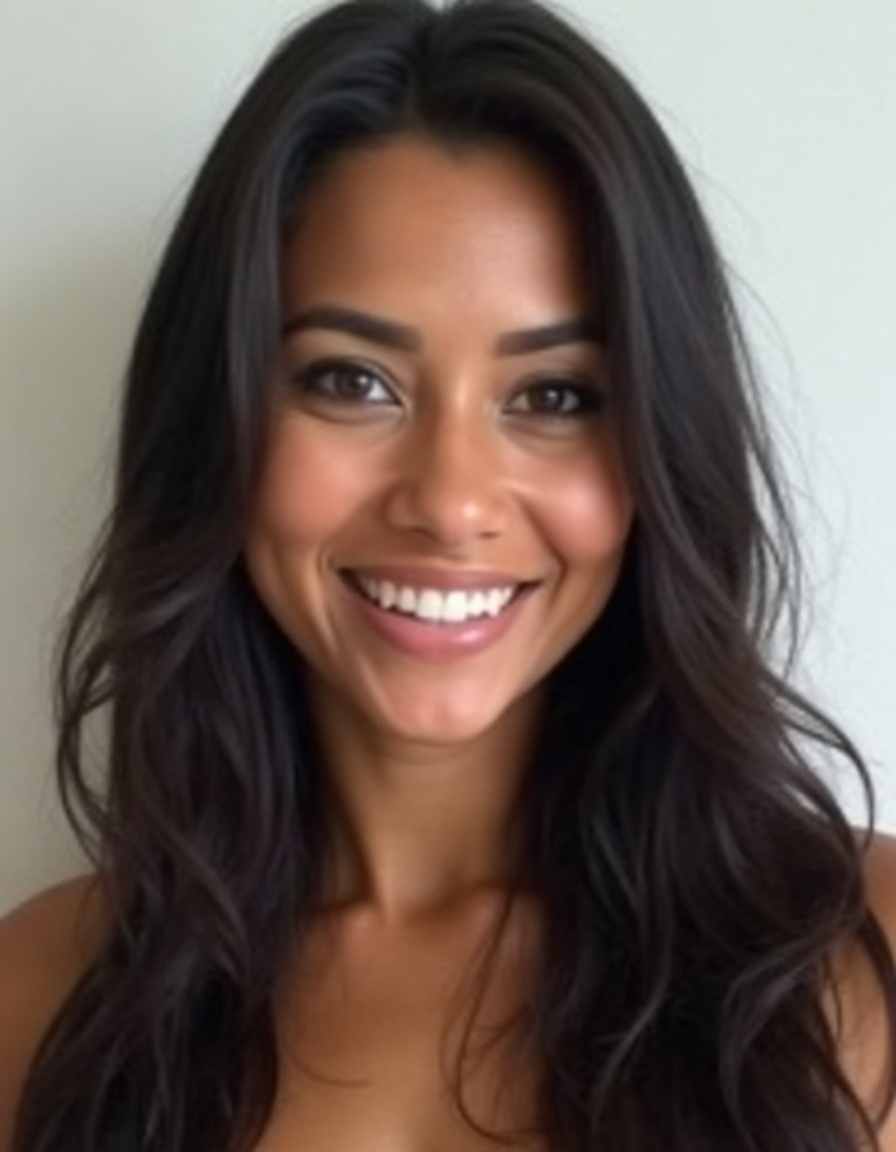 A portrait photo of, 30 Female of american heritage, Tan with Warm undertones clear skin, Oval face shape, round blue eyes, straight eyebrows, straight nose, heart-shaped lips, long, black, straight hair, athletic build, with a friendly expression, 30 Female of american heritage, Tan with Warm undertones clear skin, Oval face shape, round blue eyes, straight eyebrows, straight nose, heart-shaped lips, long, black, straight hair, athletic build, with a friendly expression