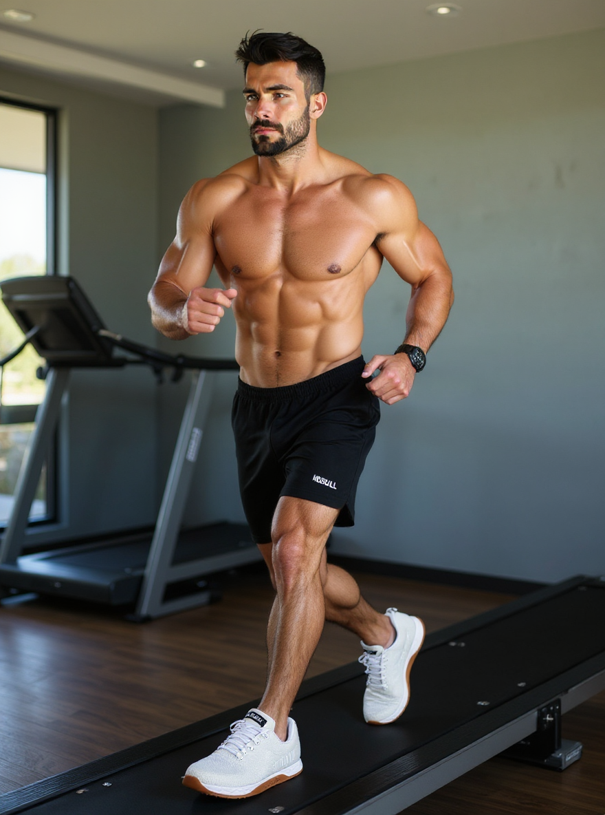 The man is running on a treadmill in a modern gym while wearing these "NOBULL" brand shoes
