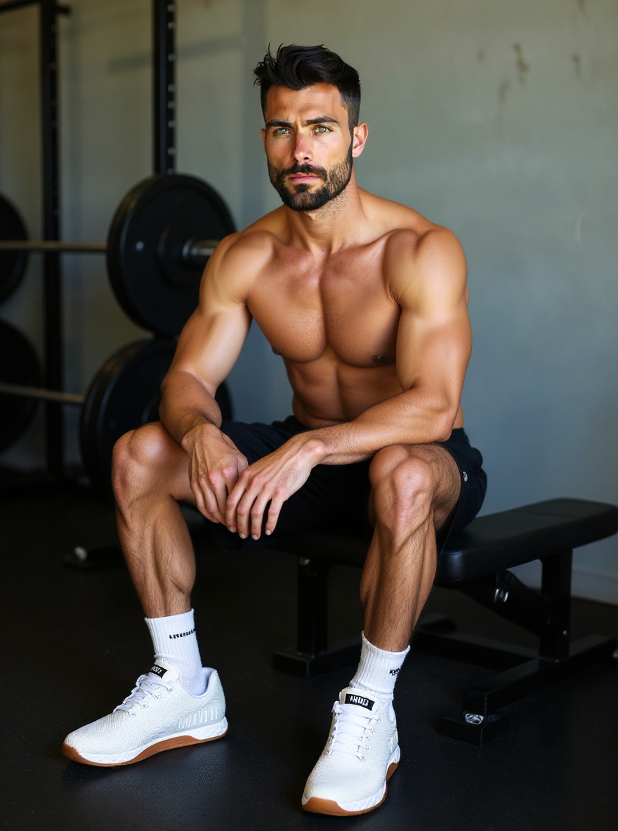 The man is wearing these "NOBULL" brand shoes while sitting on a workout bench with a racked bar of weights in a modern gym setting