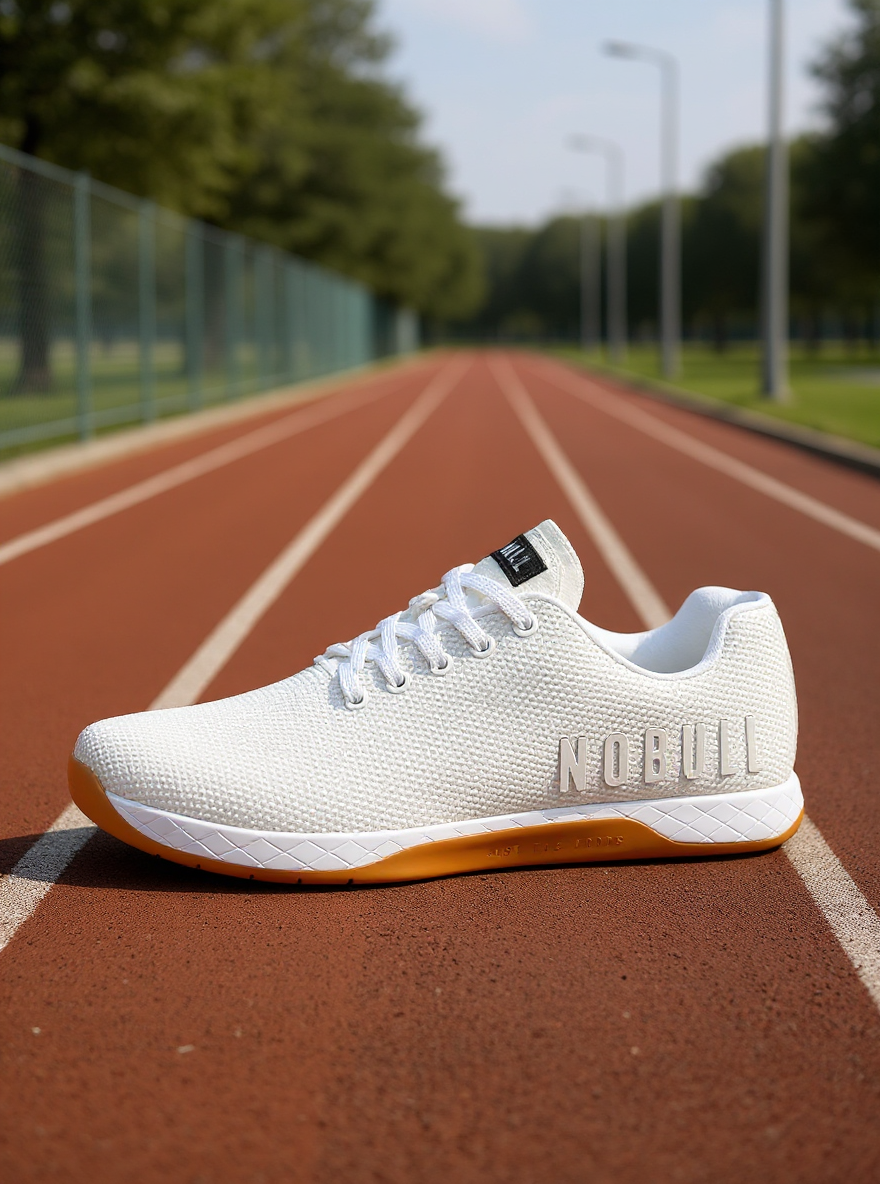 place the shoe on an outdoor running track as a product placement style advertising shot
