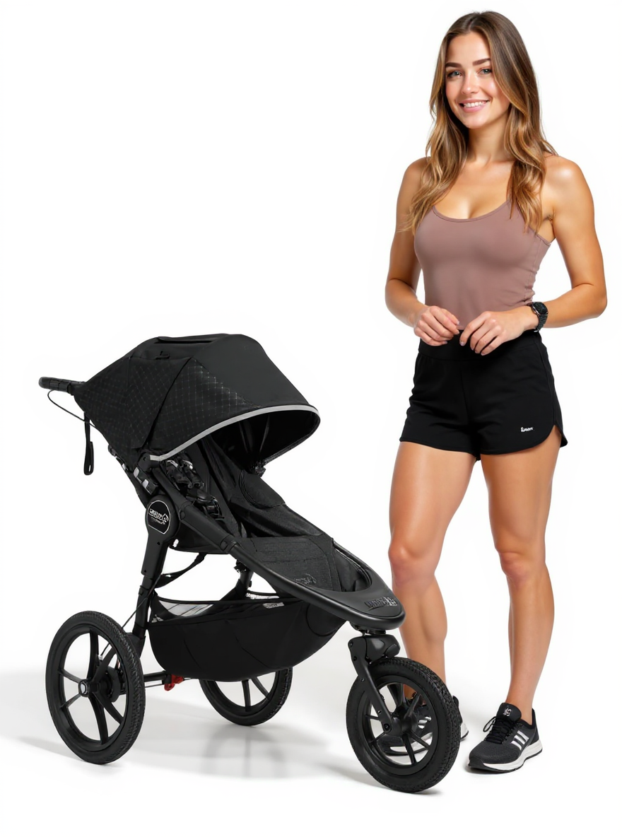 a runner standing next to the jogging stroller
