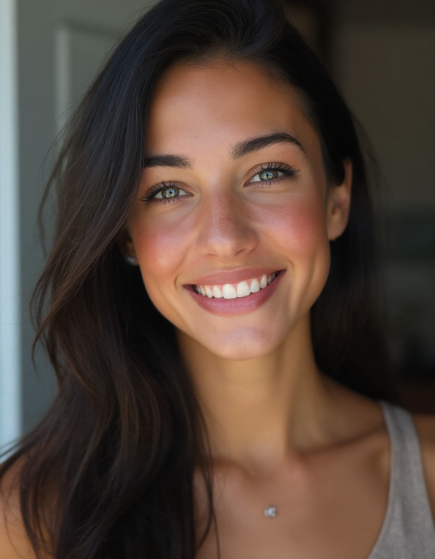 A portrait photo of, 30 Female of american heritage, Tan with Warm undertones clear skin, Oval face shape, round blue eyes, straight eyebrows, straight nose, heart-shaped lips, long, black, straight hair, athletic build, with a friendly expression, natural skin texture, pores, 30 Female of american heritage, Tan with Warm undertones clear skin, Oval face shape, round blue eyes, straight eyebrows, straight nose, heart-shaped lips, long, black, straight hair, athletic build, with a friendly expression
