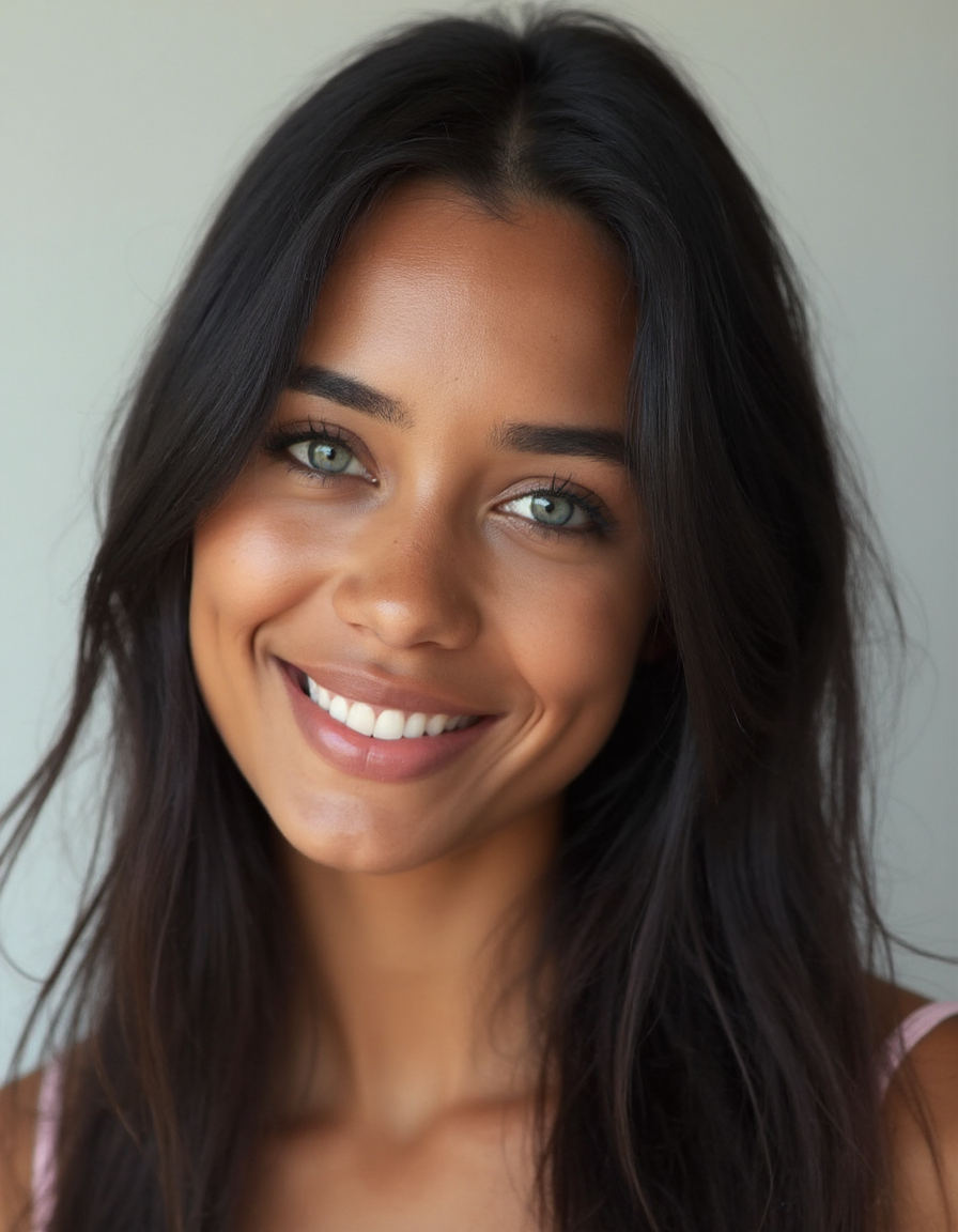 A portrait photo of, 30 Female of american heritage, Tan with Warm undertones clear skin, Oval face shape, round blue eyes, straight eyebrows, straight nose, heart-shaped lips, long, black, straight hair, athletic build, with a friendly expression, natural skin texture, pores, 30 Female of american heritage, Tan with Warm undertones clear skin, Oval face shape, round blue eyes, straight eyebrows, straight nose, heart-shaped lips, long, black, straight hair, athletic build, with a friendly expression