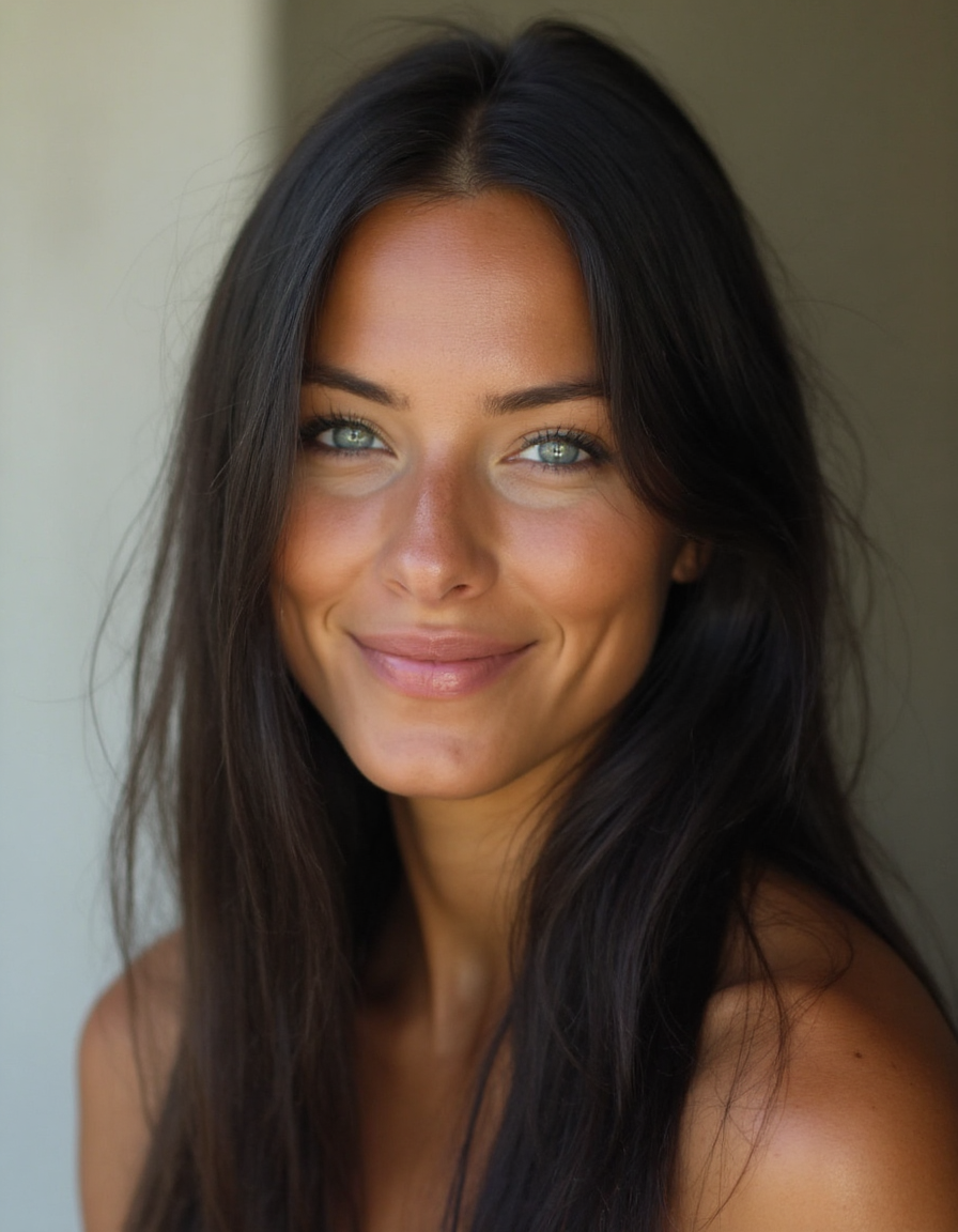 A portrait photo of, 30 Female of american heritage, Tan with Warm undertones clear skin, Oval face shape, round blue eyes, straight eyebrows, straight nose, heart-shaped lips, long, black, straight hair, athletic build, with a friendly expression, natural skin texture, pores, 30 Female of american heritage, Tan with Warm undertones clear skin, Oval face shape, round blue eyes, straight eyebrows, straight nose, heart-shaped lips, long, black, straight hair, athletic build, with a friendly expression