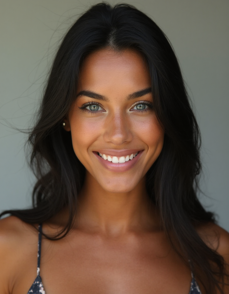 A portrait photo of, 30 Female of american heritage, Tan with Warm undertones clear skin, Oval face shape, round blue eyes, straight eyebrows, straight nose, heart-shaped lips, long, black, straight hair, athletic build, with a friendly expression, natural skin texture, pores, 30 Female of american heritage, Tan with Warm undertones clear skin, Oval face shape, round blue eyes, straight eyebrows, straight nose, heart-shaped lips, long, black, straight hair, athletic build, with a friendly expression