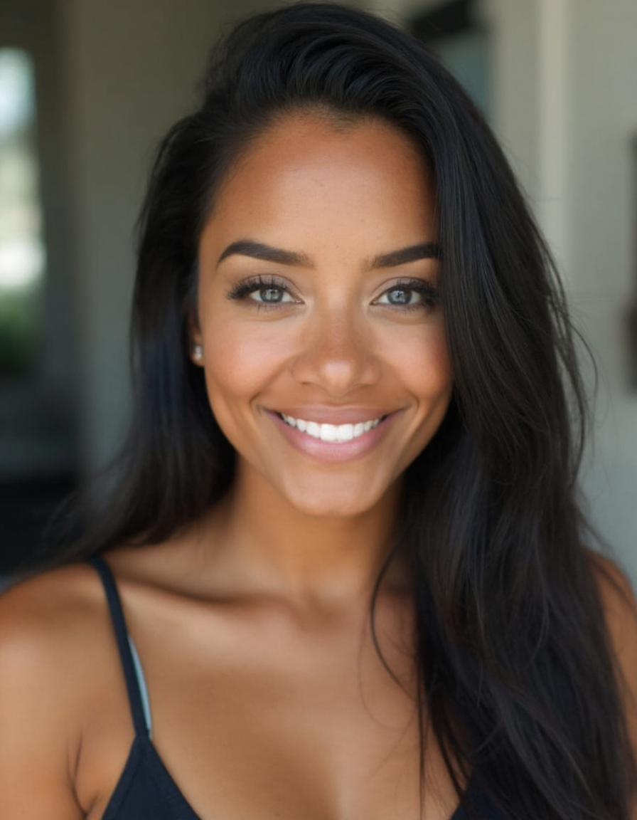 A portrait photo of, 30 Female of american heritage, Tan with Warm undertones clear skin, Oval face shape, round blue eyes, straight eyebrows, straight nose, heart-shaped lips, long, black, straight hair, athletic build, with a friendly expression, 30 Female of american heritage, Tan with Warm undertones clear skin, Oval face shape, round blue eyes, straight eyebrows, straight nose, heart-shaped lips, long, black, straight hair, athletic build, with a friendly expression
