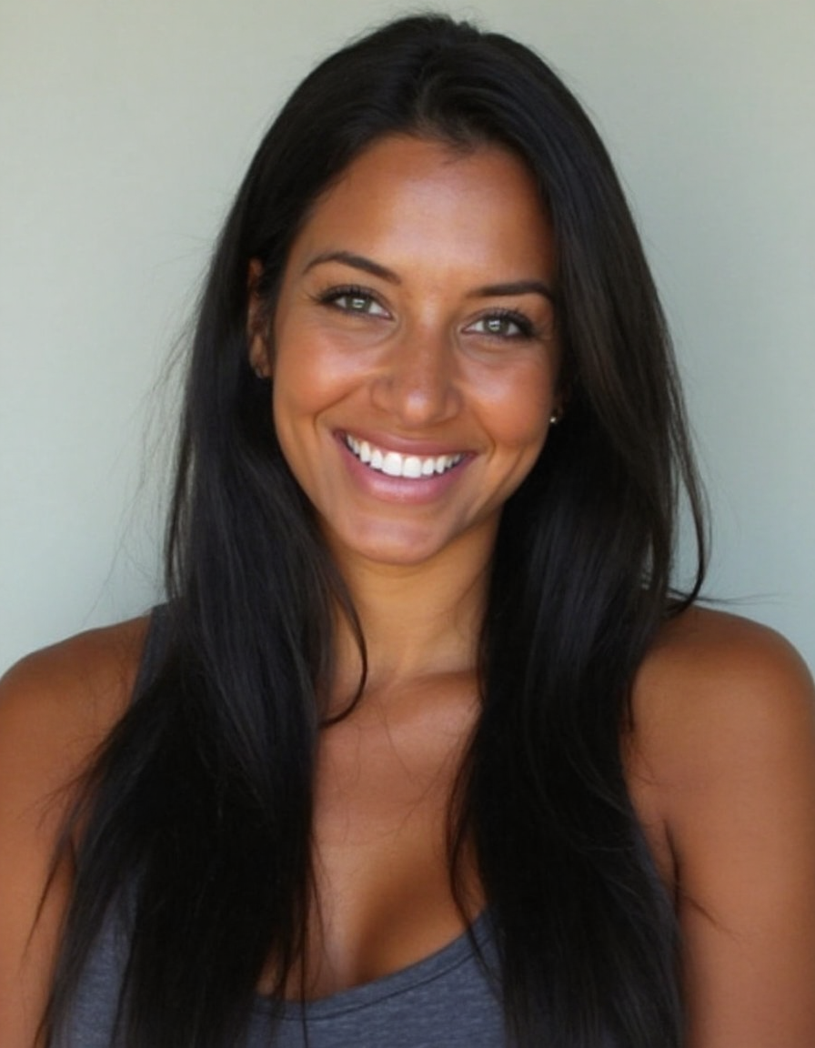 A portrait photo of, 30 Female of american heritage, Tan with Warm undertones clear skin, Oval face shape, round blue eyes, straight eyebrows, straight nose, heart-shaped lips, long, black, straight hair, athletic build, with a friendly expression, 30 Female of american heritage, Tan with Warm undertones clear skin, Oval face shape, round blue eyes, straight eyebrows, straight nose, heart-shaped lips, long, black, straight hair, athletic build, with a friendly expression