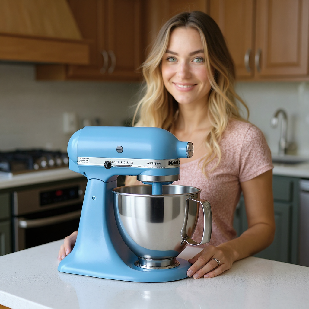 place the kitchenaid mixer on the counter of a modern kitchen with the woman standing behind it