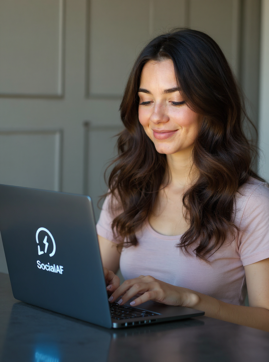 the woman is using the laptop - pinterest post